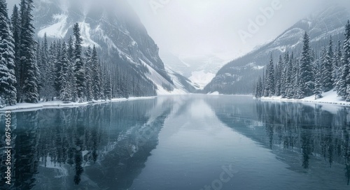 Snow-Covered Trees Reflecting in Lake Louise on a Foggy Winter Day