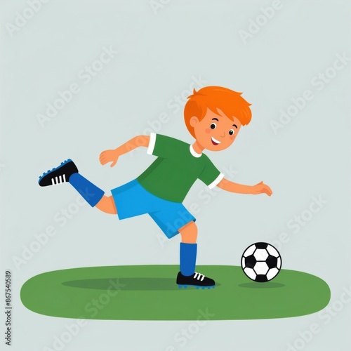 Flat color illustration of a happy boy in colorful jersey playing football.