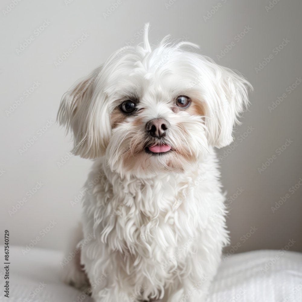 Cute White Poodle Puppy with Tongue Out, Sitting on White Bedding Cute White Poodle Puppy with Tongue Out, Sitting on White Bedding