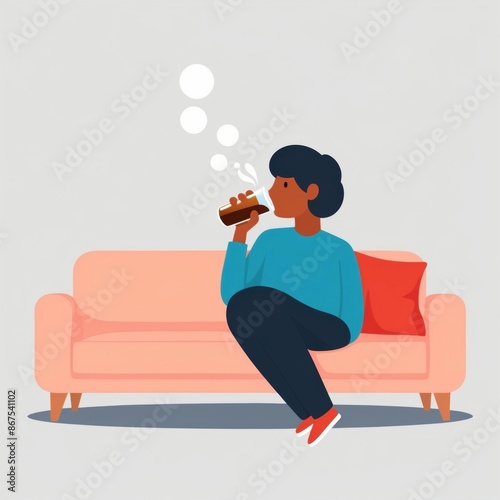 Flat color illustration of a person drinking a cup of coffee in the morning.