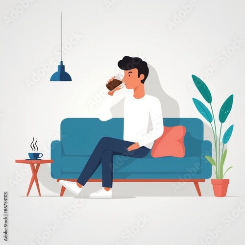 Person drinking a cup of coffee on a couch in a cozy living room. Flat color illustration.