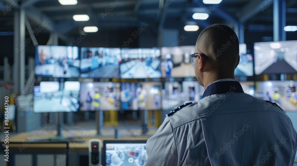 Focused security guard overseeing several monitors with live 5G surveillance camera feeds, safeguarding the manufacturing facility Focused security guard overseeing several monitors with live 5G surveillance camera feeds, safeguarding the manufacturing facility