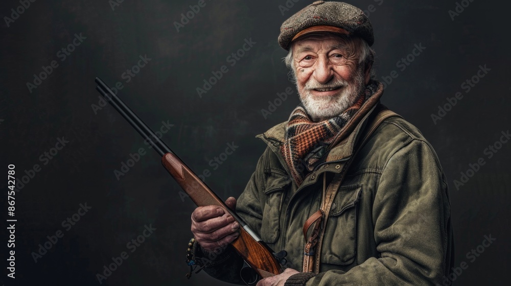 Fototapeta premium Studio shot of a mature hunter aiming with a rifle isolated on black background