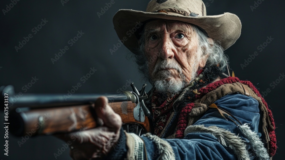 Fototapeta premium Studio shot of a mature hunter aiming with a rifle isolated on black background