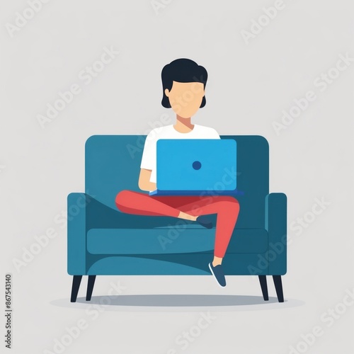 Person with laptop sitting on a chair, in a cozy living room. 2D flat color illustration.