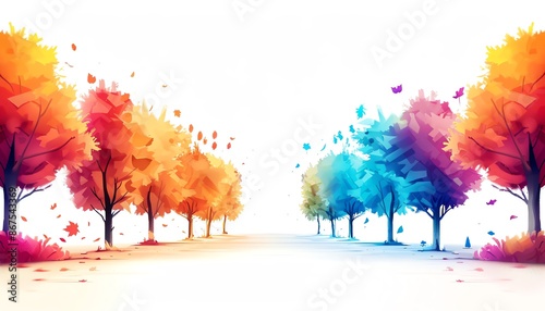 Vibrant colorful autumn and winter trees in watercolor style, depicting the transition of seasons with vivid leaves on white background.