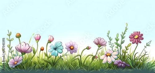 Vibrant watercolor illustration of a flower meadow with colorful blooms, perfect for springtime or nature-themed designs.