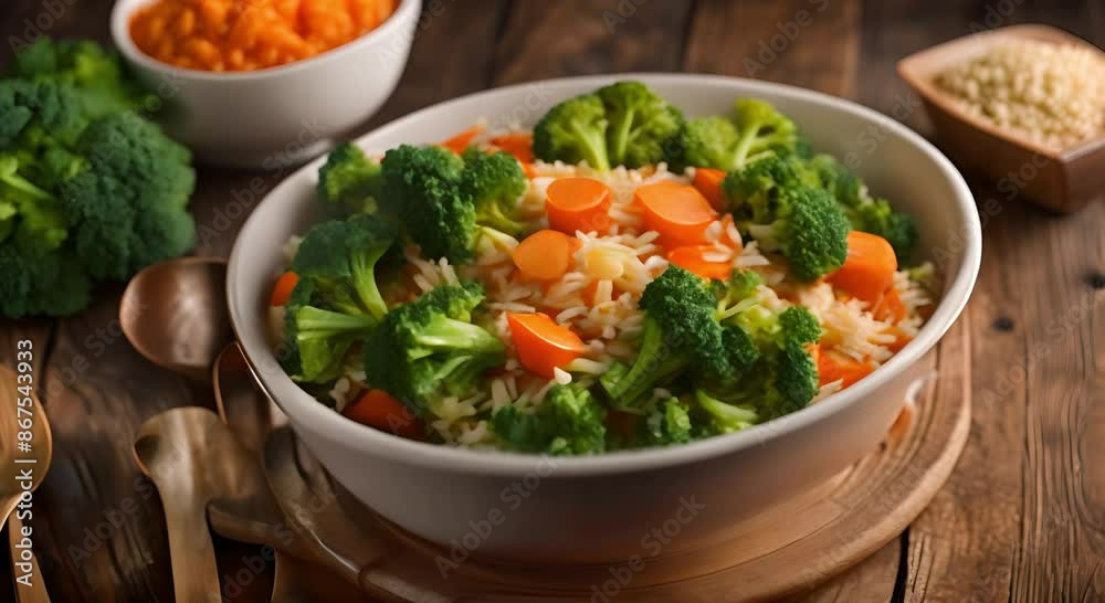 Bowls filled with broccoli, carrots and rice, accompanied by Quinoa broccoli carrot curry served on the kitchen table Bowls filled with broccoli, carrots and rice, accompanied by Quinoa broccoli carrot curry served on the kitchen table
