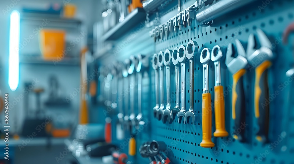 Close-up of a well-organized workshop wall with various quality hand tools hanging neatly, showcasing a professional and efficient workspace. Close-up of a well-organized workshop wall with various quality hand tools hanging neatly, showcasing a professional and efficient workspace.