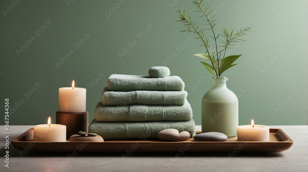 Spa composition. Herbs, burning candle on table, bokeh background Spa composition. Herbs, burning candle on table, bokeh background