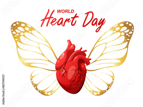A human heart with golden wings. World Heart Day.
