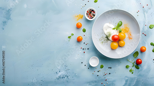 Fresh cherry tomato and mozzarella salad on a white plate with basil and spices, minimalistic blue background, copy space, top view.