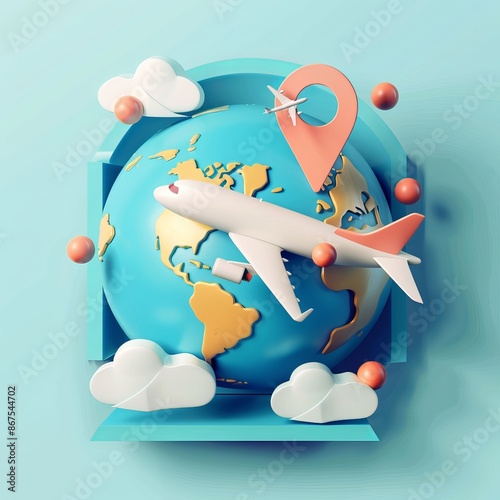 Travel concept with map pin and airplane. 3d vector illustration. Generative AI