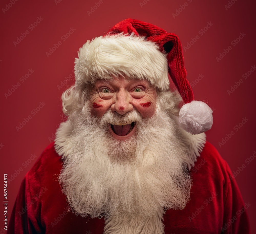 Santa Claus with a Surprised Expression, Red Hat and Beard, against a Red Background. Santa Claus with a Surprised Expression, Red Hat and Beard, against a Red Background.