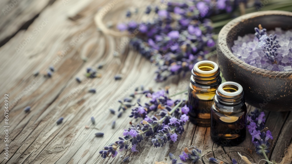 Lavender Essential Oils and Sea Salt on Rustic Wooden Surface Lavender Essential Oils and Sea Salt on Rustic Wooden Surface