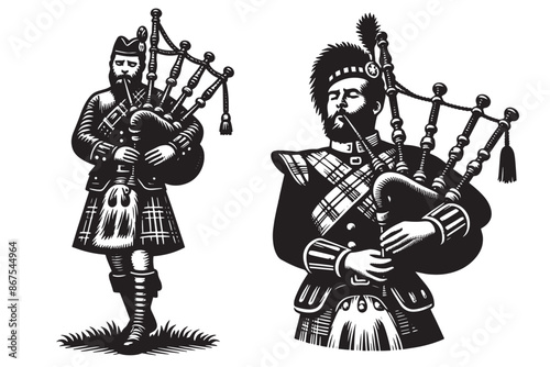 A Scotsman in traditional clothes plays on the waves. Black engraved outline vector illustration, set. Icon, logo, emblem