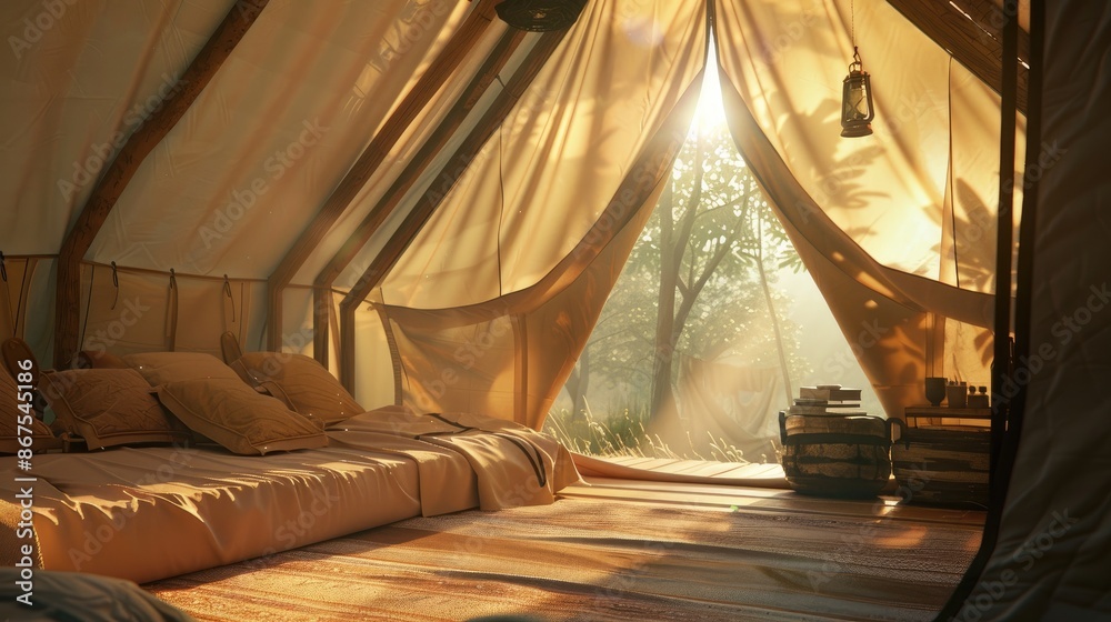 Intimate and serene tent interior with warm sunlight pouring in from a rolled-up window, casting a glow on the cozy and simple arrangement Intimate and serene tent interior with warm sunlight pouring in from a rolled-up window, casting a glow on the cozy and simple arrangement