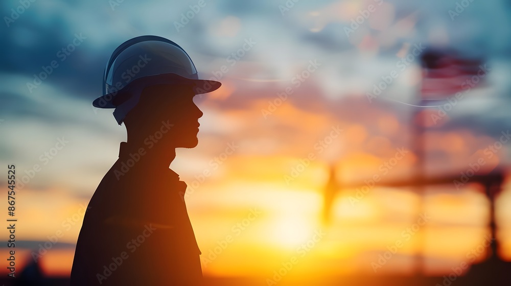 Silhouette of a construction worker with hard hat at sunset, standing on a construction site with a crane in the background. Silhouette of a construction worker with hard hat at sunset, standing on a construction site with a crane in the background.