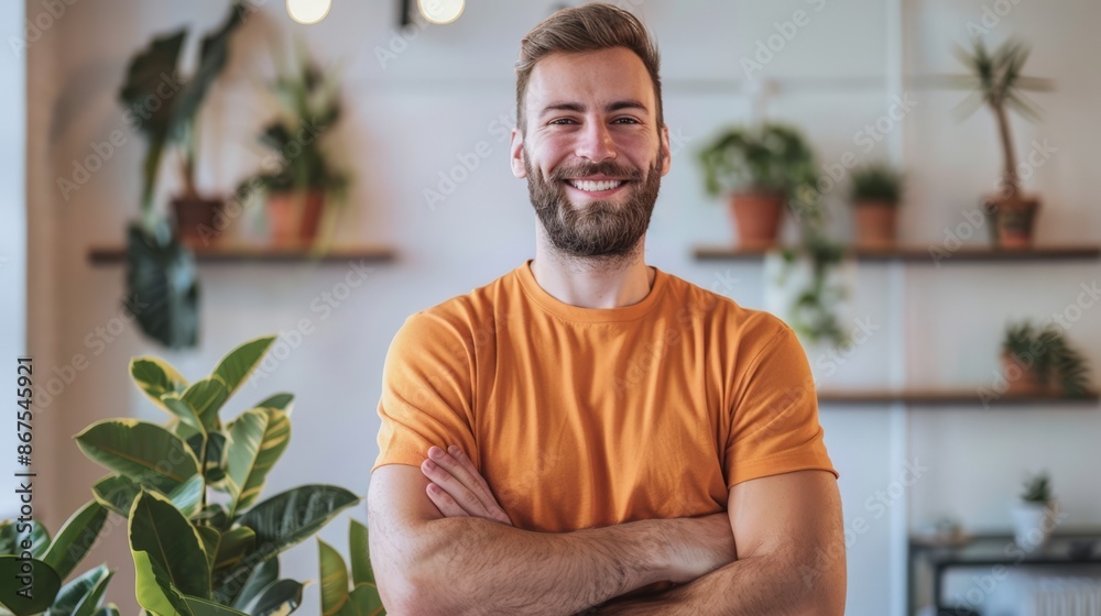 Smiling Man in Orange T-Shirt, Standing in Indoor Plant-Filled Space Smiling Man in Orange T-Shirt, Standing in Indoor Plant-Filled Space