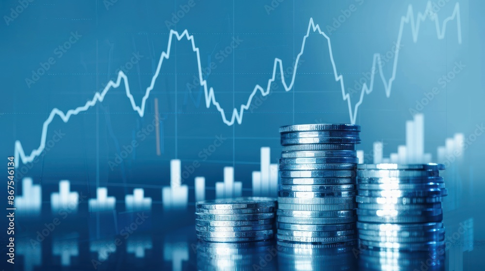 A stack of coins with an upward trending graph illustrating financial growth and investment success A stack of coins with an upward trending graph illustrating financial growth and investment success