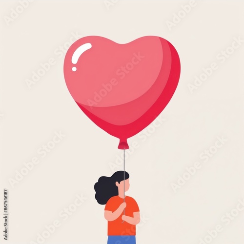 Flat color illustration of a woman holding a pink heart-shaped balloon.