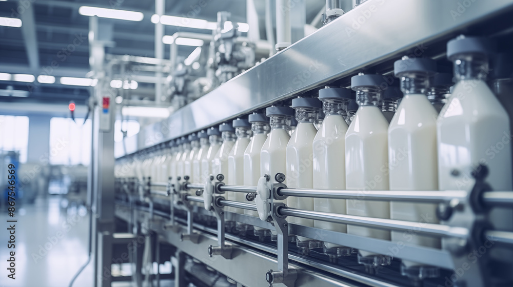 Naklejka premium Factory of Dairy milk production line of bottle milk, Modern and clean food industry.