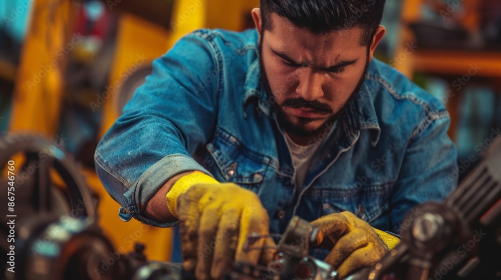 Focused Mechanic Working on Engine Focused Mechanic Working on Engine
