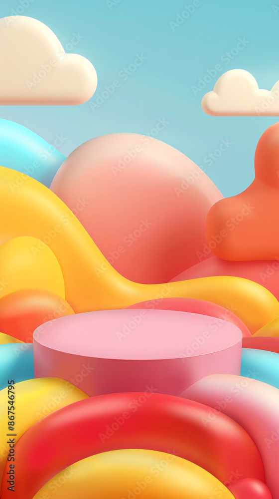 A colorful round podium made from ultra-light clay. The exaggerated features and bold outlines create a cheerful and inviting A colorful round podium made from ultra-light clay. The exaggerated features and bold outlines create a cheerful and inviting