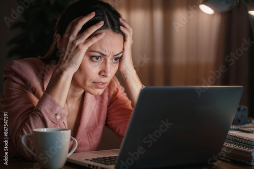 Portrait of an unhappy woman manager checking laptop in the night at home office