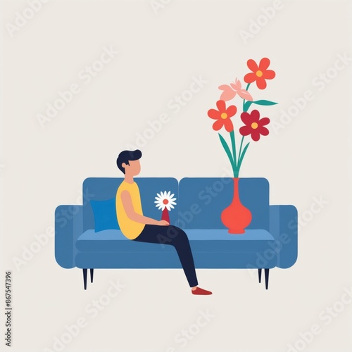 Man sitting on a chair with a bouquet of flowers. Beautiful flat color illustration.