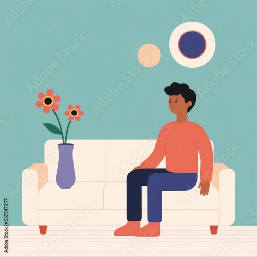 Person sitting on a couch in a cozy living room with flowers. Beautiful flat color illustration.