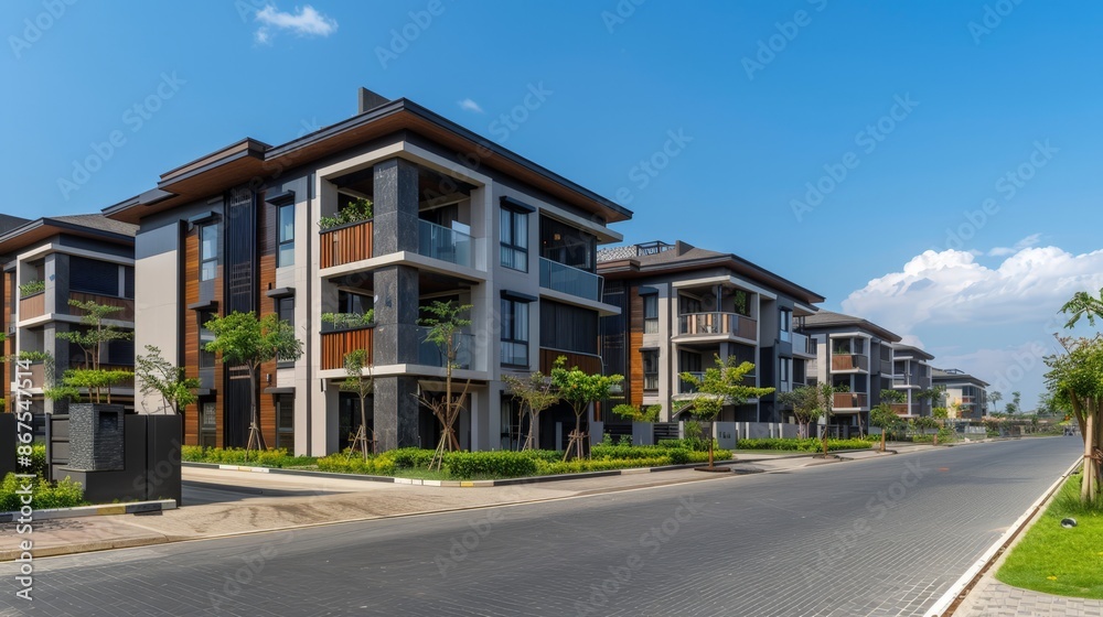 Contemporary Urban Apartment Complex with Balconies and Greenery