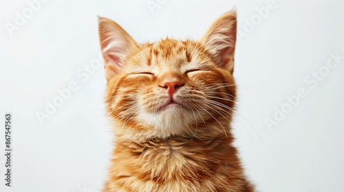 A ginger cat is sitting on a white background. The cat has its eyes closed and is smiling.