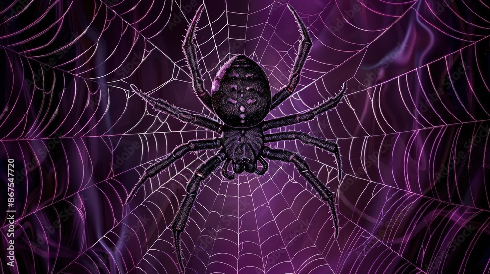 A graphic depiction of a black widow spider at the center of a complex ...