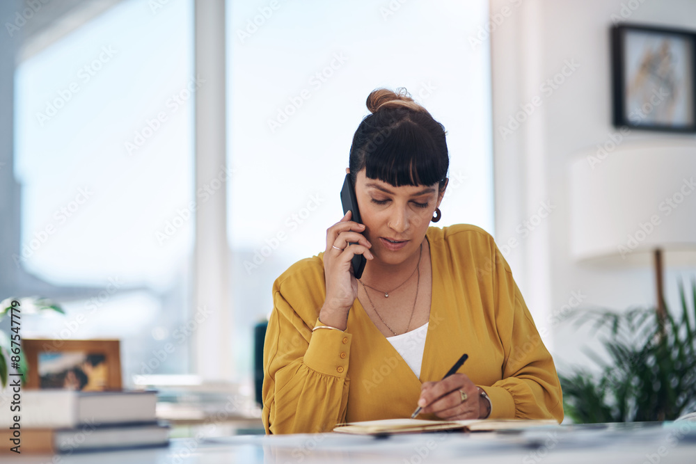 © HockleyM1/peopleimages.com - Business woman, writing and phone call with documents for query, question or reminder on financial payments at office. Young female person taking notes or settling debt with book on mobile smartphone