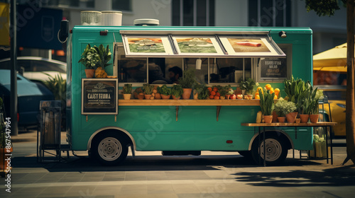 Food truck vegetarian on street, Using natural light.
