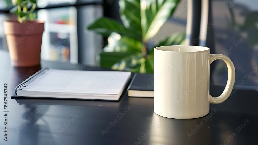 Matte black desk with a large cream mug, professional setup with notepad and Ficus. Matte black desk with a large cream mug, professional setup with notepad and Ficus.