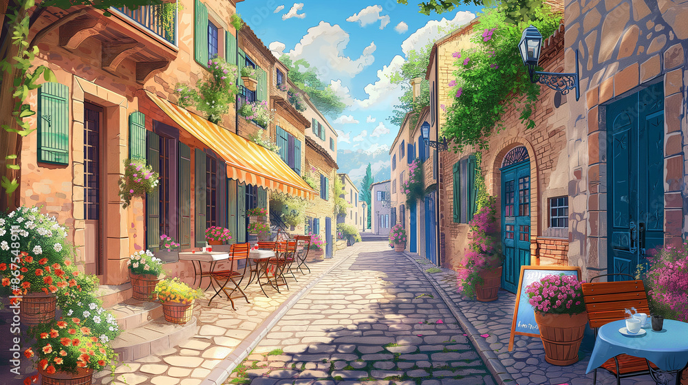 Fototapeta premium Charming cobblestone street in a European village, watercolor style