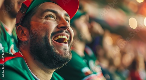 Jubilant Soccer Fan in Green Jersey, Celebrating Goal with Open Mouth and Smile photo