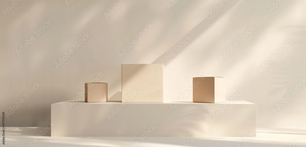 Modern Minimalist Interior Design: Three Beige Boxes on a White Platform Modern Minimalist Interior Design: Three Beige Boxes on a White Platform