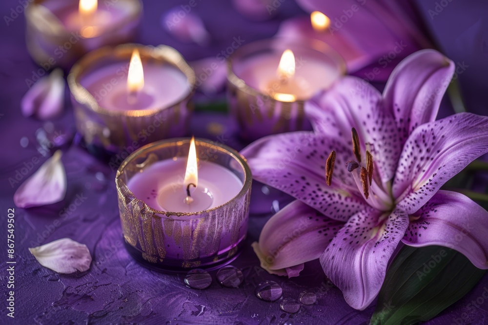 Purple Candlelit Flower Bouquet with Drops of Water Purple Candlelit Flower Bouquet with Drops of Water