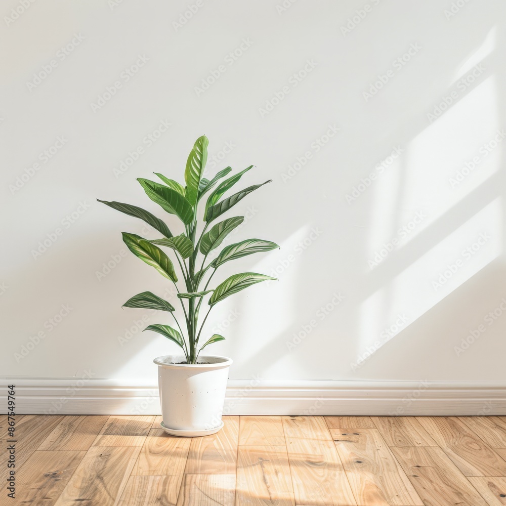 Vibrant Green Potted Plant on Wooden Floor Vibrant Green Potted Plant on Wooden Floor