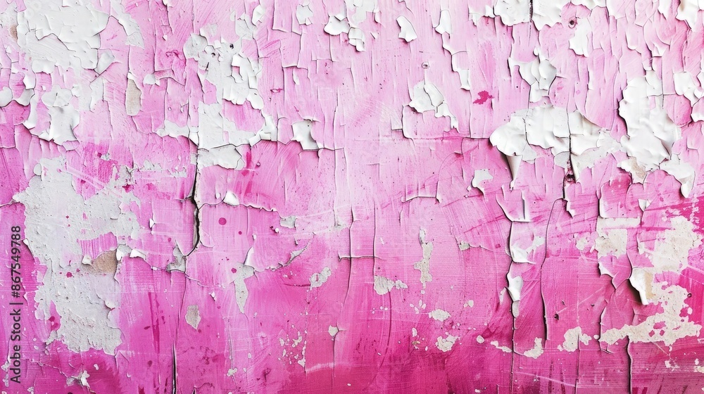 A heavily worn and scratched pink and white paint surface, creating a unique distressed and grunge abstract texture with peeling layers and visible brush strokes.