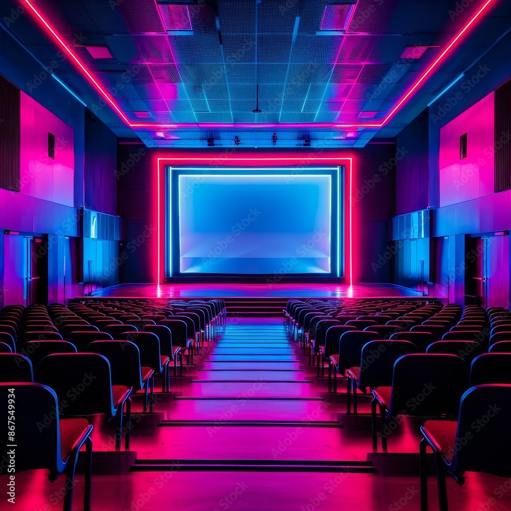 Fototapeta premium Empty modern theater with vibrant neon lighting, featuring rows seats and large screen, creating an inviting atmosphere.