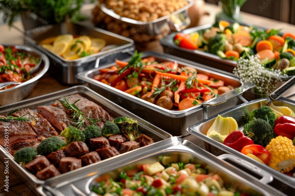 Gourmet Buffet: Fresh Salad, Roasted Meats, and Vegetables in Stainless Steel Containers Gourmet Buffet: Fresh Salad, Roasted Meats, and Vegetables in Stainless Steel Containers