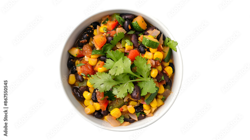  A colorful veggie chili with black beans and corn, garnished on a transparent background