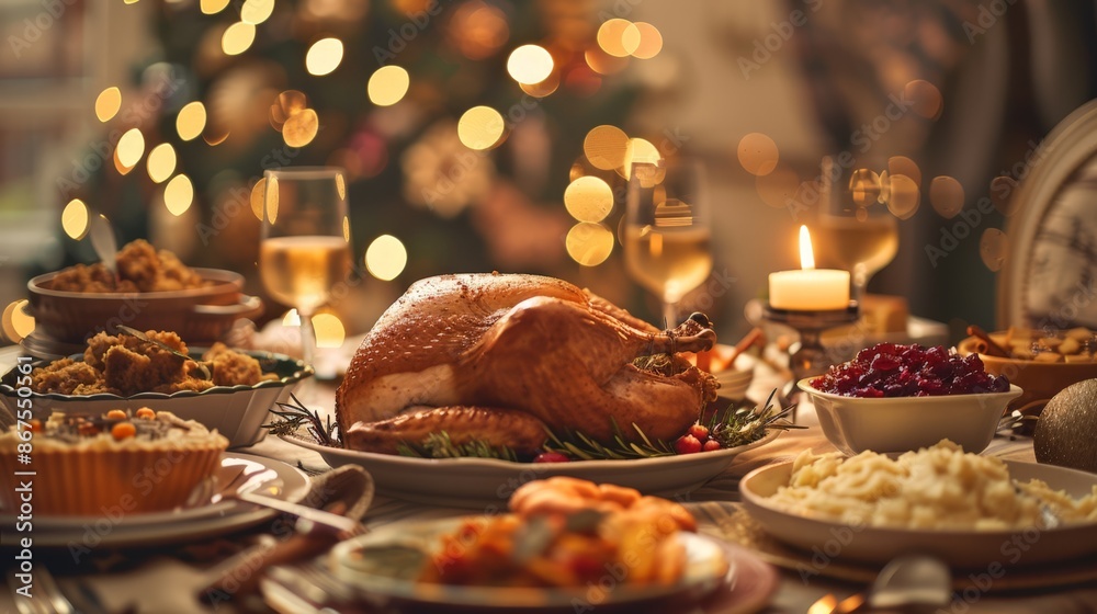 Festive Holiday Feast: Roasted Turkey with Cranberry Sauce, Mashed Potatoes, and Wine, Set on a Dining Table with Christmas Lights Festive Holiday Feast: Roasted Turkey with Cranberry Sauce, Mashed Potatoes, and Wine, Set on a Dining Table with Christmas Lights