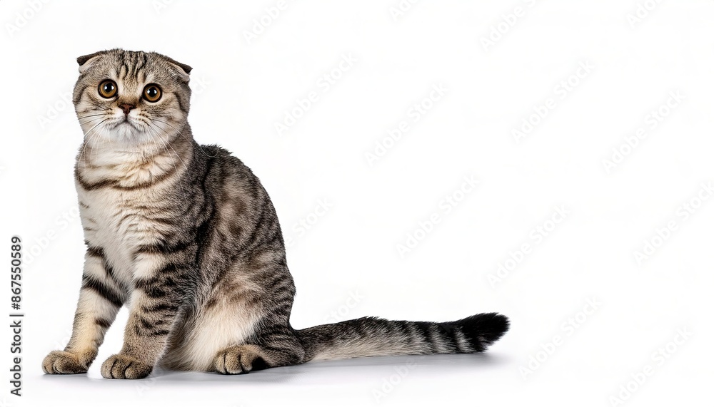 Scottish Fold is a distinctive breed of domestic cat characterised by a natural dominant gene mutation associated with osteochondrodysplasia causing the ears to fold. isolated on white background Scottish Fold is a distinctive breed of domestic cat characterised by a natural dominant gene mutation associated with osteochondrodysplasia causing the ears to fold. isolated on white background