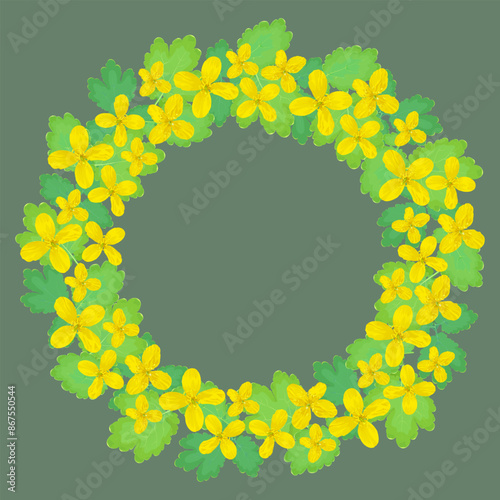 Round wreath, pattern of celandine flowers on a dark background 