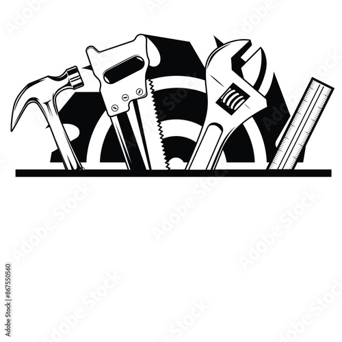 Carpentry tools with saw blade in background illustration. Black and white woodworking or carpentry emblem design	

